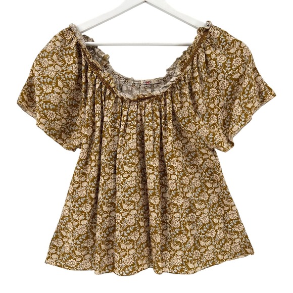 Faherty Tops - Faherty Blouse Womens Small Brown Floral Linen Blend Boho Peasant Ruffle Smocked